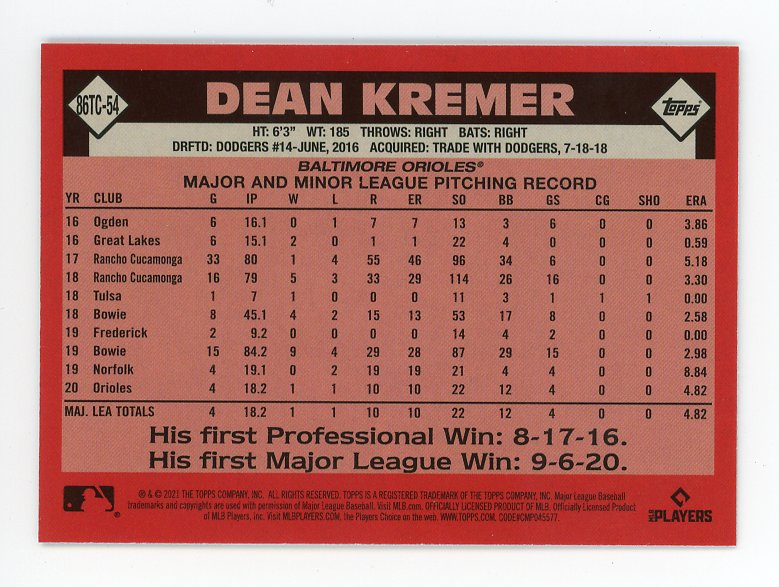 2021 Dean Kremer Rookie Chrome Mojo Topps Baltimore Orioles # 86TC-54