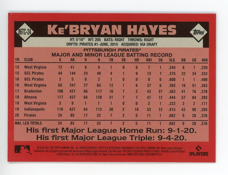 2021 Ke'bryan Hayes Rookie Chrome Mojo Topps Pittsburgh Pirates # 86TC-24