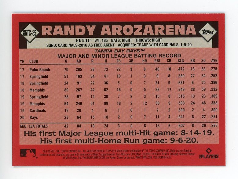 2021 Randy Arozarena Rookie Chrome Mojo Topps Tampa Bay Rays # 86TC-85