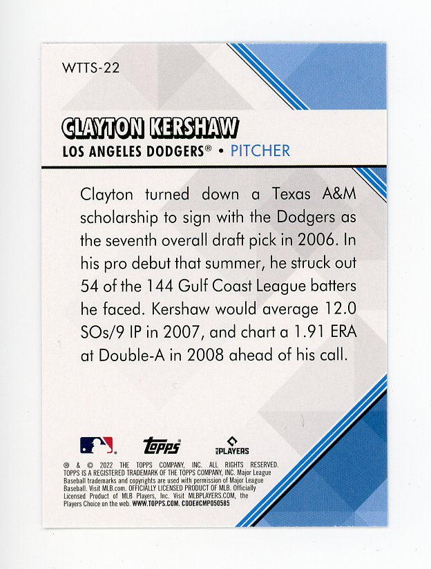 2022 Clayton Kershaw Welcome To The Show Topps Los Angeles Dodgers # WTTS-22
