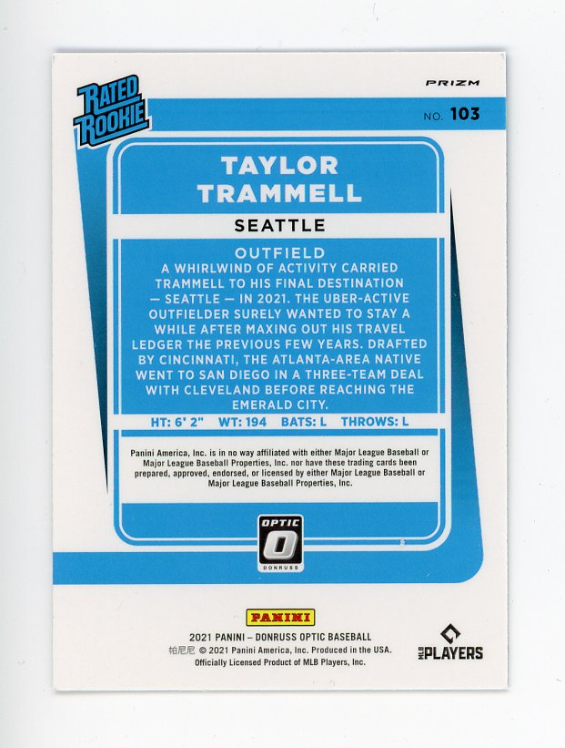 2021 Taylor Trammell Rated Rookie Carolina Blue And White Optic Panini Seattle Mariners # 103