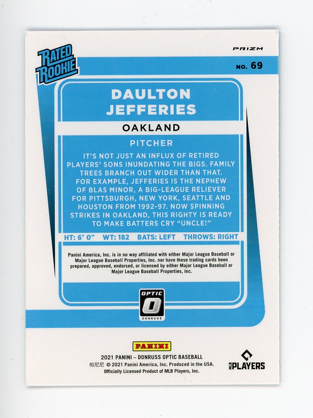 2021 Daulton Jefferies Rated Rookie Carolina Blue And White Optic Panini Oakland Athletics # 69