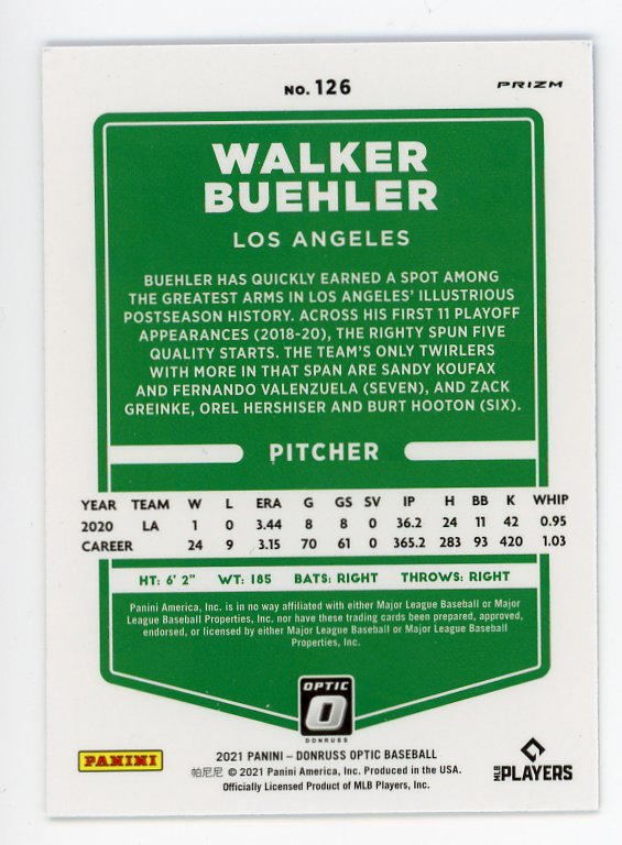2021 Walker Buehler Carolina Blue And White Optic Panini Los Angeles Dodgers # 126