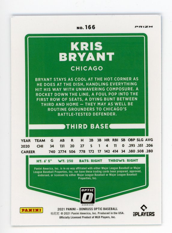 2021 Kris Bryant Carolina Blue And White Optic Panini Chicago Cubs # 166