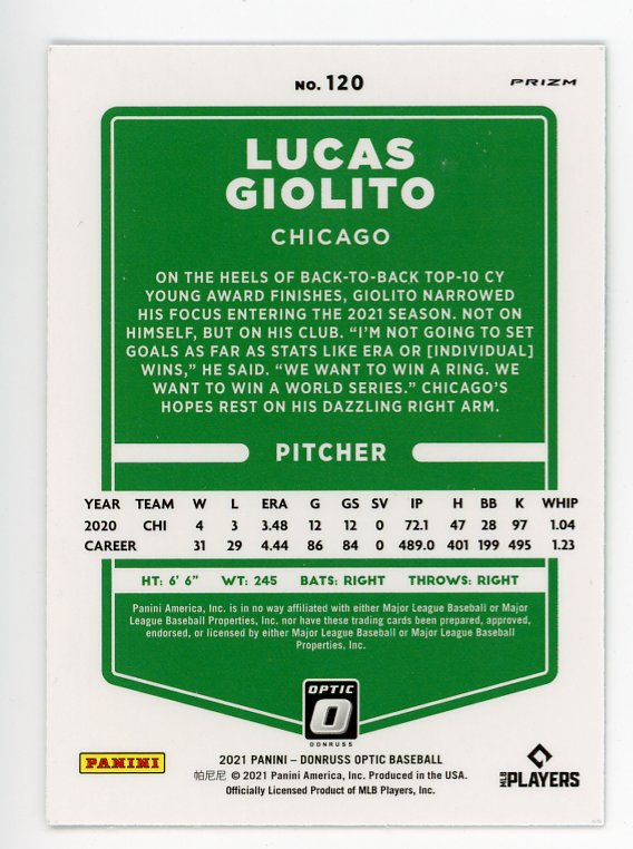 2021 Lucas Giolito Lime Green Prizm Panini Chicago White Sox # 120