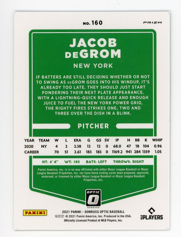 2021 Jacob Degrom Lime Green Prizm Panini New York Mets # 160