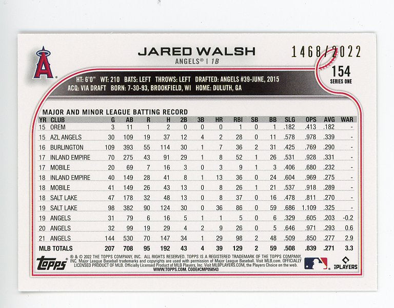 2022 Jared Walsh Gold #d /2021 Topps Series 1 Los Angeles Angels # 154