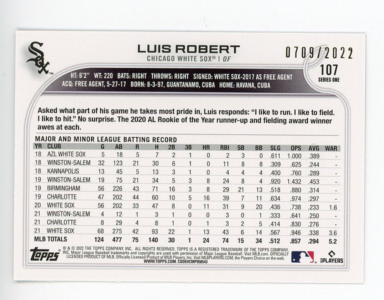 2021 Luis Robert Gold #d /2022 Topps Series 1 Chicago White Sox # 107