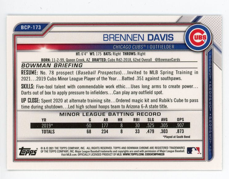 2021 Brennen Davis Mojo Refractor Topps Chrome Chicago Cubs #BCP-173