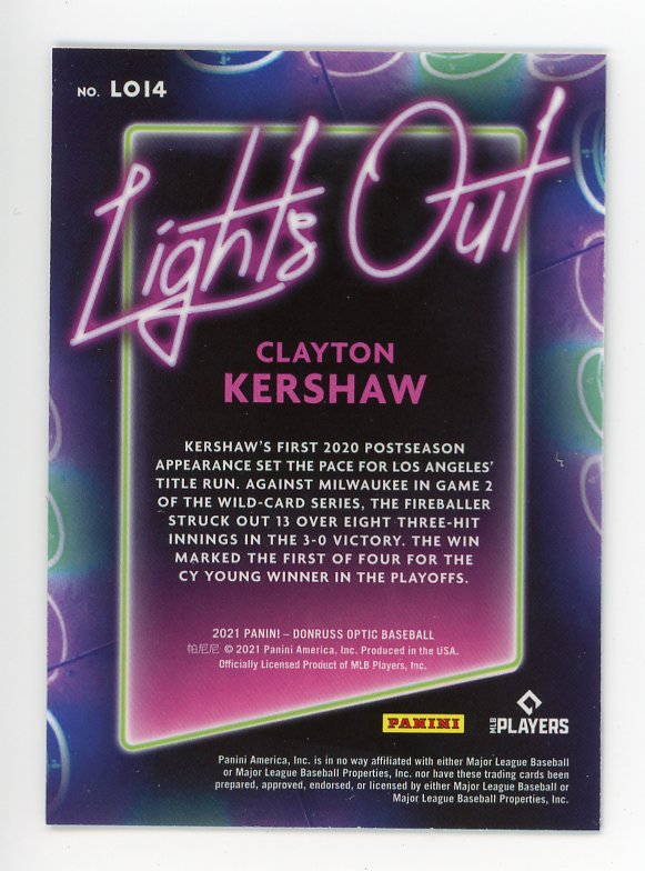 2021 Clayton Kershaw Lights Out Optic Panini Los Angeles Dodgers # LO14