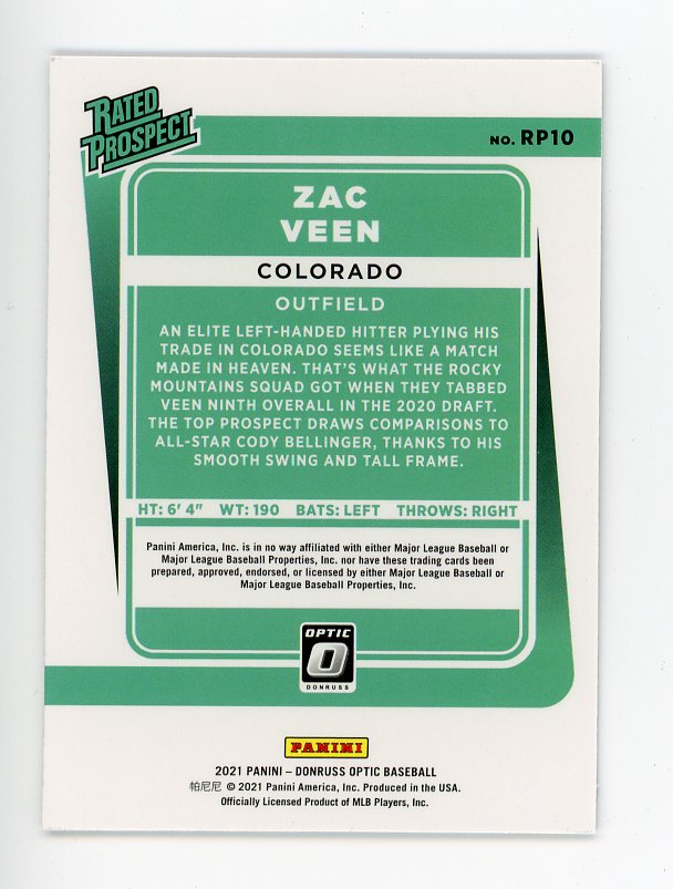 2021 Zac Veen Rated Prospect Optic Topps Colorado Rockies # RP10