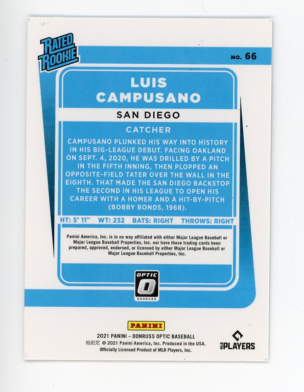 2021 Luis Campusano Rated Rookie Optic Topps San Diego Padres # 66