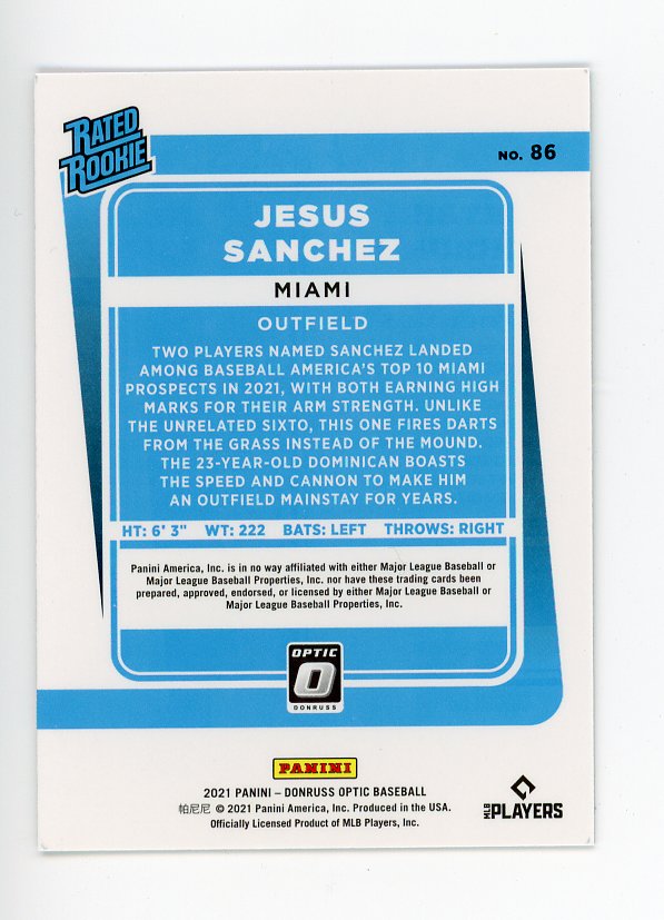 2021 Jesus Sanchez Rated Rookie Optic Topps Miami Marlins # 86