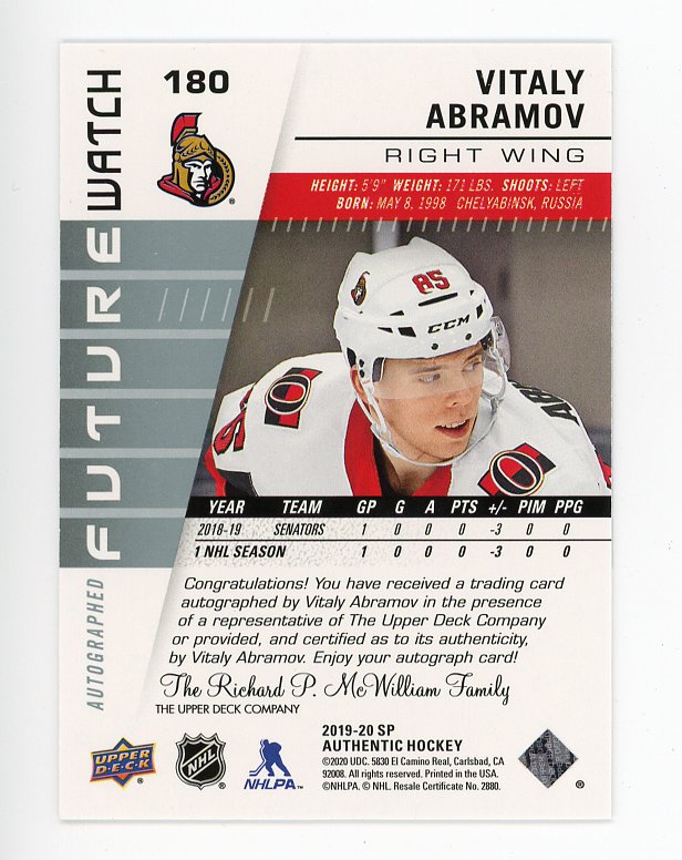 2019-2020 Vitaly Abramov Future Watch #d /999 SP Authentic Ottawa Senators # 180