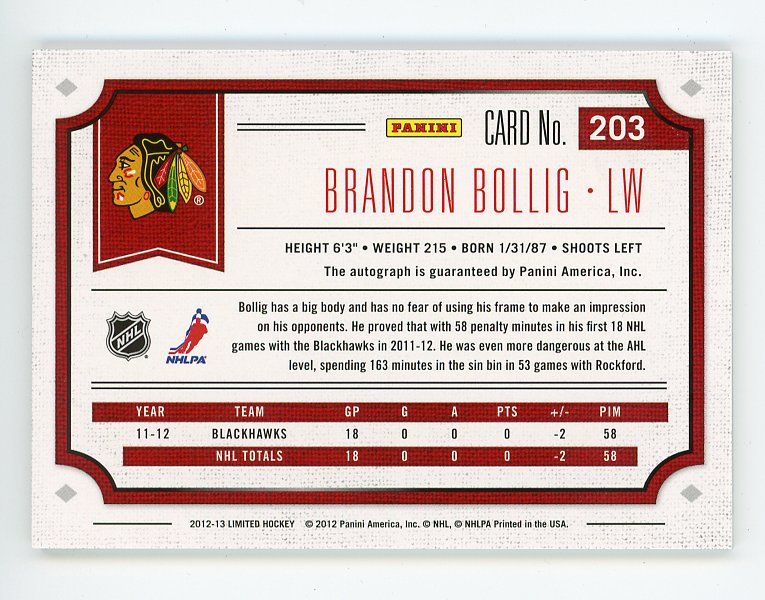2012-2013 Brandon Bollig Phenoms #d /499 Panini Chicago Blackhawks # 203