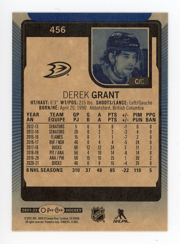 2021-2022 Derek Grant Blue Border OPC Anaheim Ducks # 456