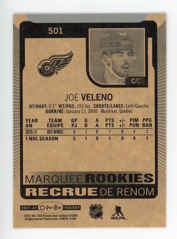 2021-2022 Joe Veleno Marquee Rookies OPC Detroit Red Wings # 501
