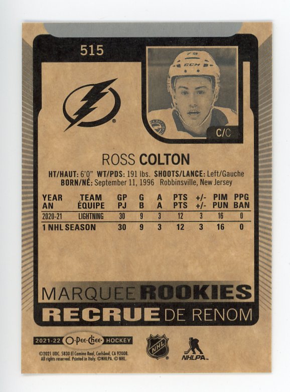 2021-2022 Ross Colton Marquee Rookies OPC Tampa Bay Lightning # 515