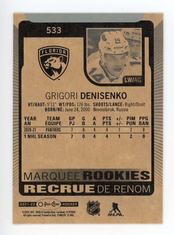 2021-2022 Grigori Denisenko Marquee Rookies OPC Florida Panthers # 533
