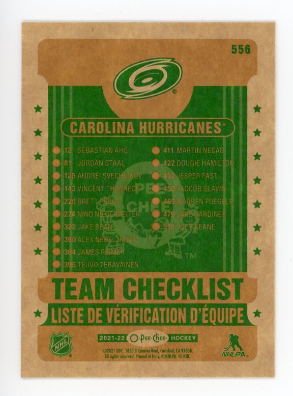 2021-2022 Team Checklist Retro OPC Carolina Hurricanes # 556