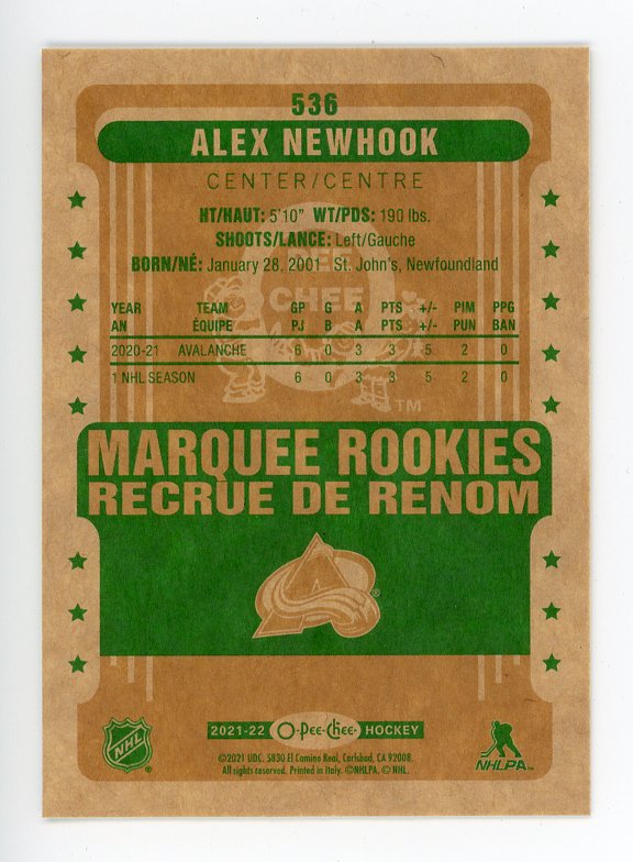 2021-2022 Alex Newhook Marquee Rookies Retro OPC Colorado Avalanche # 536