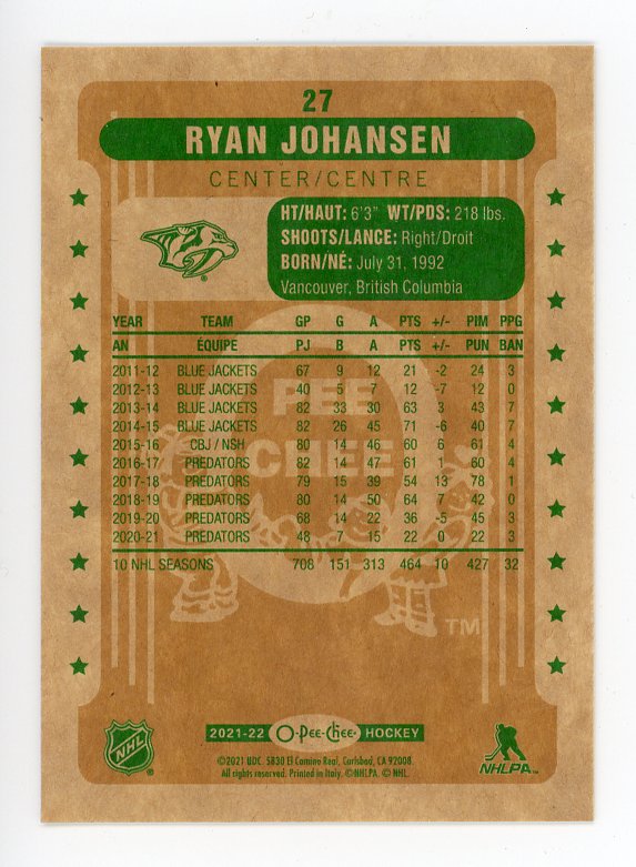 2021-2022 Ryan Johansen Retro Parallel OPC Nashville Predators # 27