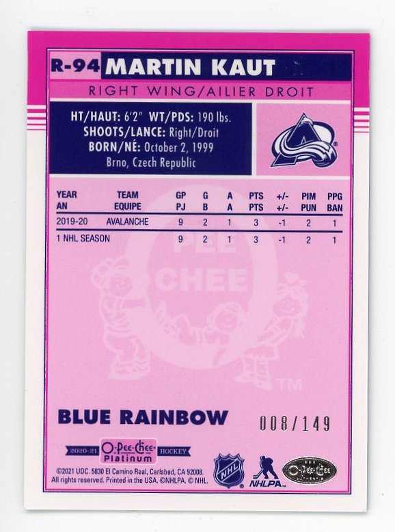 2021 Martin Kaut Rookie #d /149 Blue Rainbow OPC Colorado Avalanche # R-94
