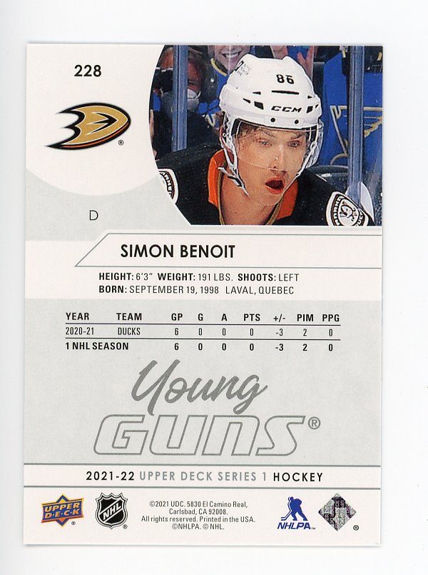 2021-2022 Simon Benoit Young Guns Upper Deck Series 1 Anaheim Ducks # 228