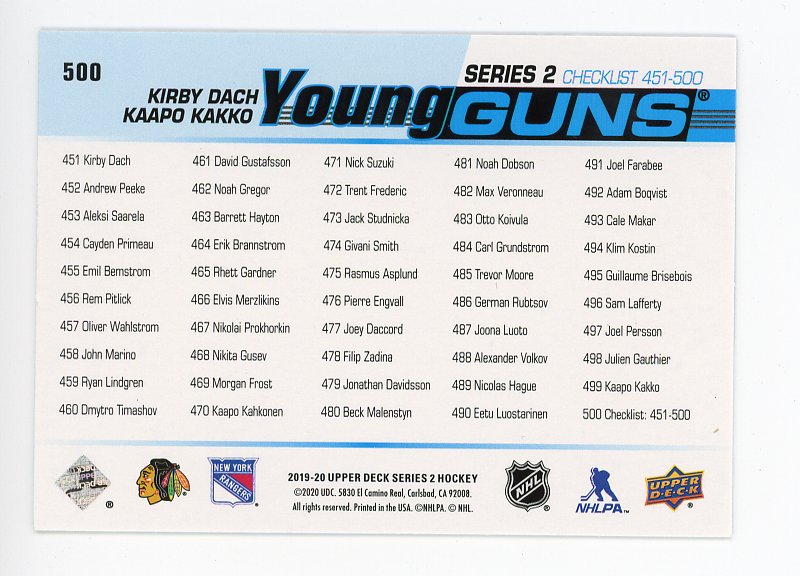 2019-2020 Kirby Dach & Kaapo Kakko Checklist Young Guns Upper Deck Chicago Blackhawks # 500