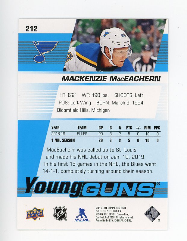 2019-2020 Mackenzie Maceachern Young Guns Upper Deck St.Louis Blues # 212