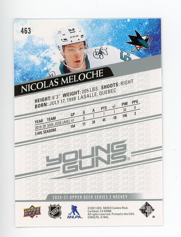 2020-2021 Nicolas Meloche Young Guns Upper Deck San Jose Sharks # 463