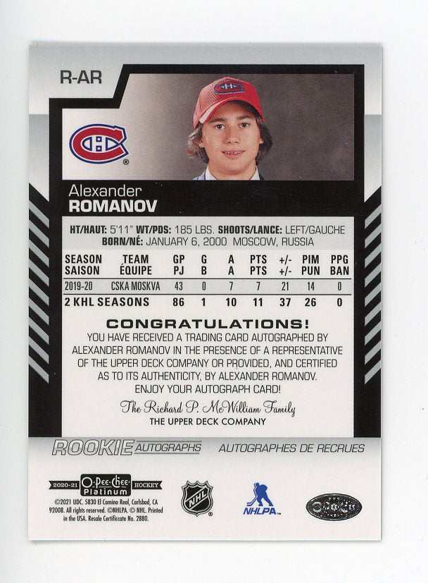 2020-2021 Alexander Romanov Rookie Autographs OPC Montreal Canadiens # R-AR