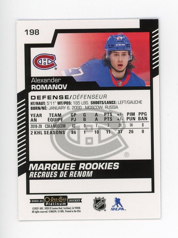 2020-2021 Alexander Romanov Marquee Rookies OPC Montreal Canadiens # 198