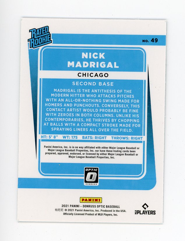 2021 Nick Madrigal Rated Rookie Donruss Optic Chicago White Sox # 49