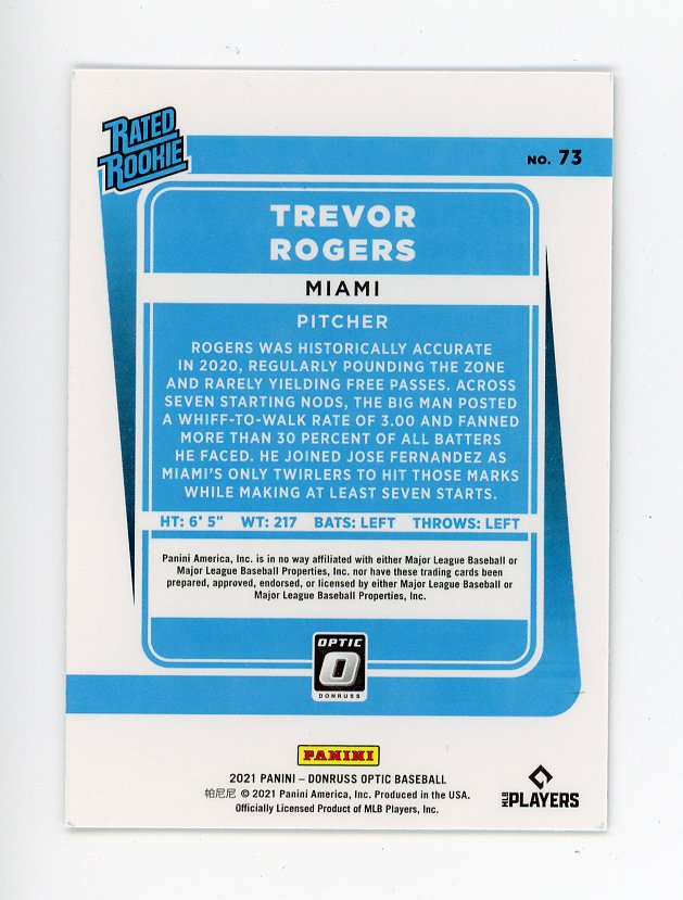 2021 Trevor Rogers Rated Rookie Donruss Optic Miami Marlins # 73