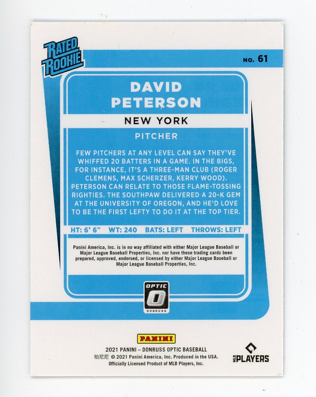 2021 David Peterson Rated Rookie Donruss Optic New York Mets # 61