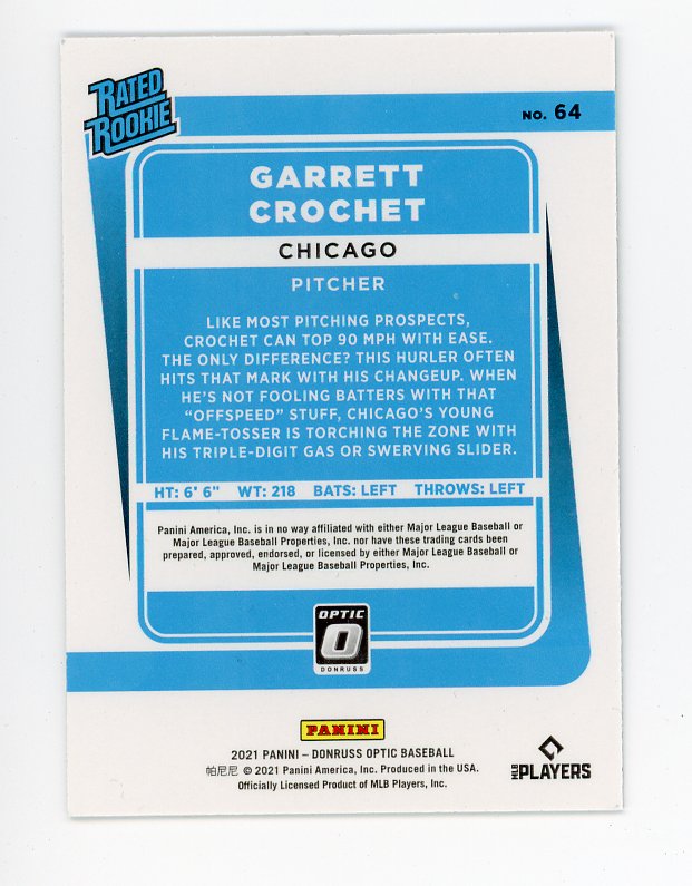 2021 Garrett Crochet Rated Rookie Donruss Optic Chicago White Sox # 64