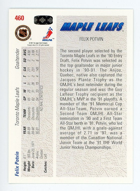 1991-1992 Felix Potvin Star Rookies Upper Deck Toronto Maple Leafs # 460