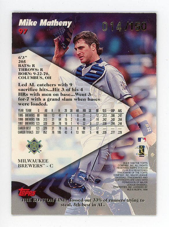 1998 Mike Matheny One Of A Kind #d /150 Milwaukee Brewers #97