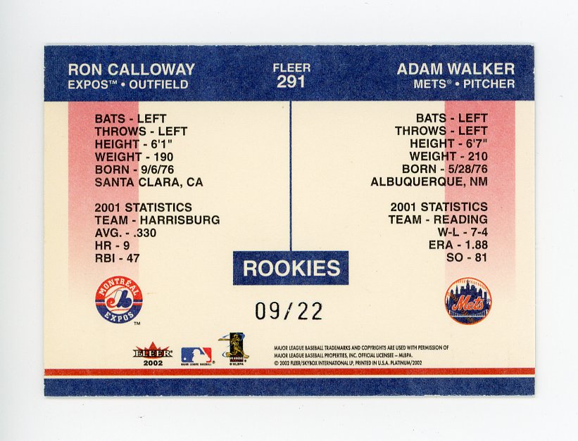 2002 Ron Calloway And Adam Walker Platinum Rookies #d /22 Fleer Montreal Expos # 291