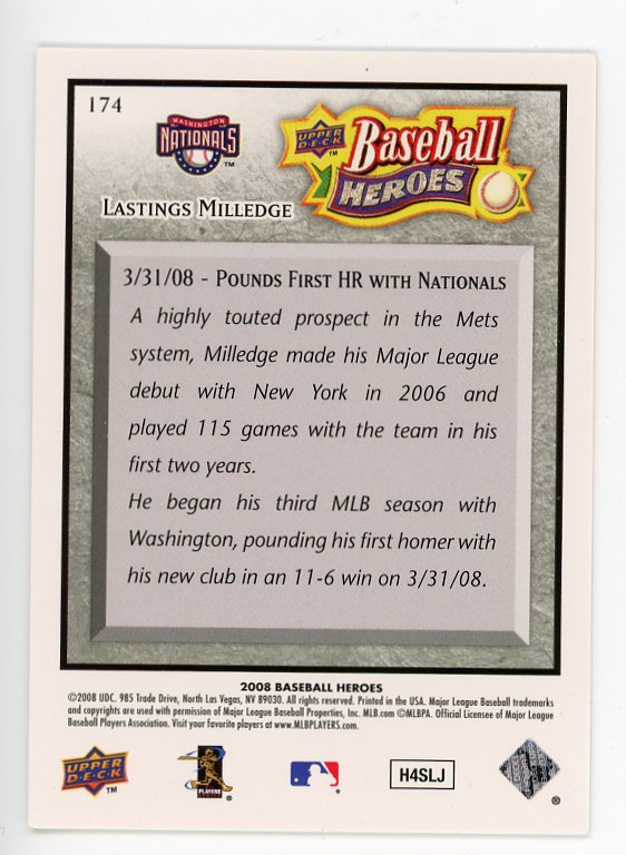 2008 Lastings Milledge Baseball Heroes #d /399 Upper Deck Washington Nationals # 174