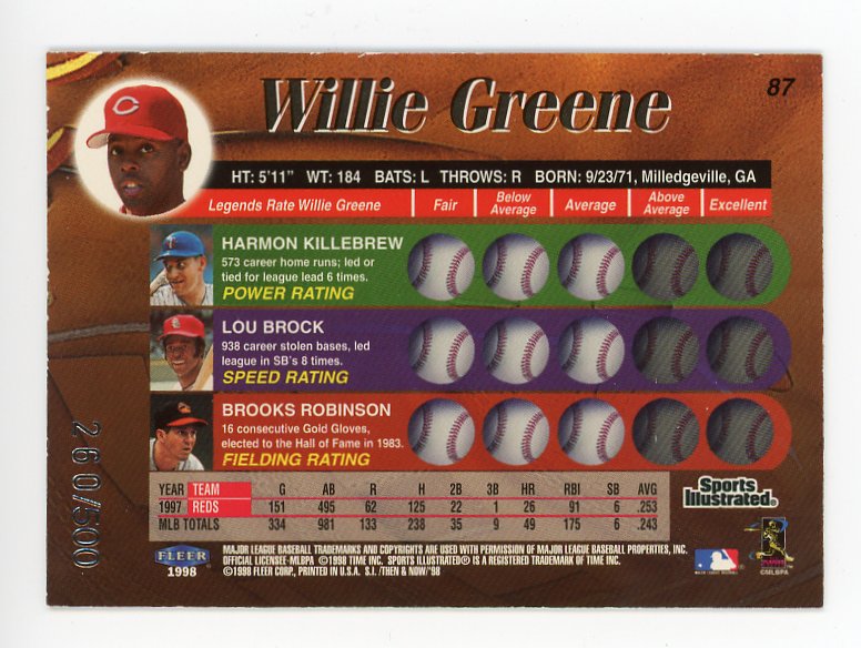 1998 Willie Greene Legends Of Today #d /500 Fleer Cincinnati Reds # 87