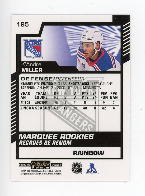 2020-2021 K'Andre Miller Marquee Rookies Rainbow OPC New York Rangers # 195