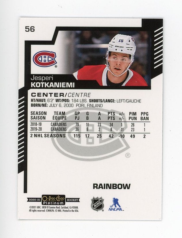 2020-2021 Jesperi Kotkaniemi Rainbow OPC Platinum Montreal Canadiens # 56