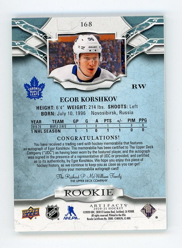 2020-2021 Egor Korshkov Rookie Dual Patch 24/45 Artifacts Vancouver Canucks #168