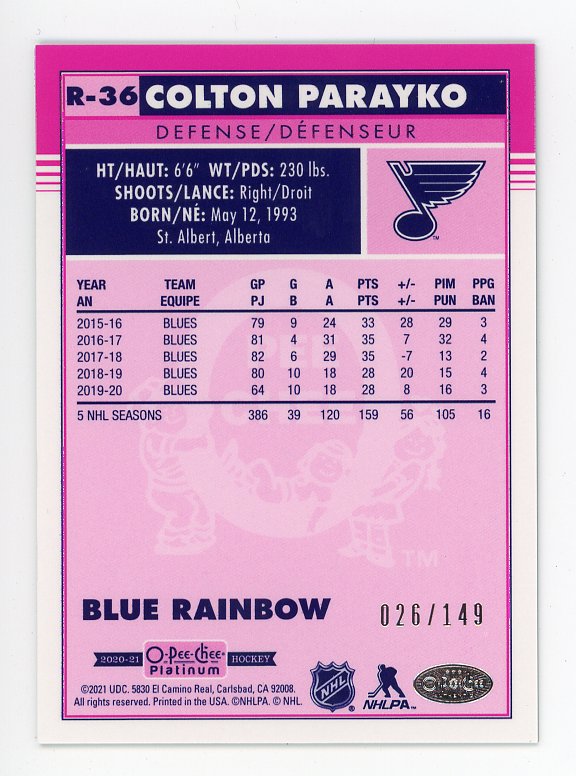 2020-2021 Colton Parayko Blue Rainbow #d /149 OPC St.Louis Blues # R-36