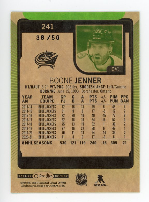 2021-2022 Boone Jenner Green Border #d /50 OPC Columbus Blue Jackets # 241