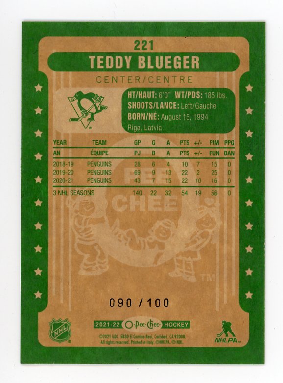2021-2022 Teddy Blueger Black Border #d /100 OPC Pittsburgh Penguins # 221