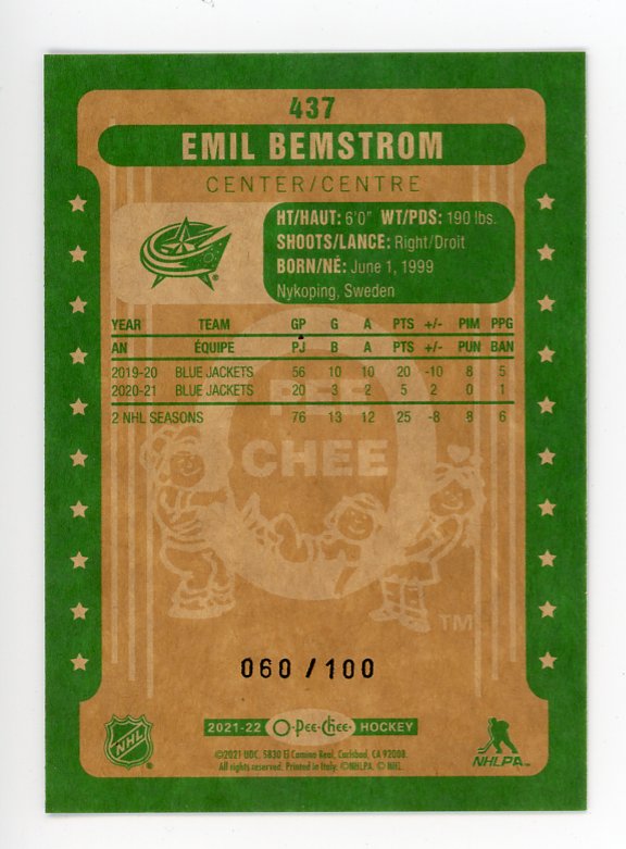 2021-2022 Emil Bemstrom Black Border #d /100 OPC Columbus Blue Jackets # 437