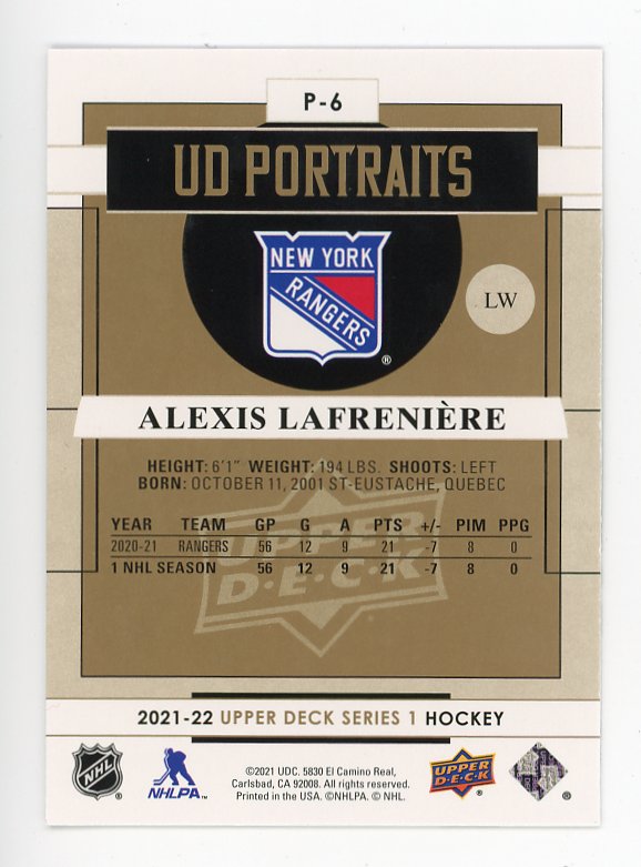 2021-2022 Alexis Lafreniere UD Portraits Upper Deck New York Rangers # P-6